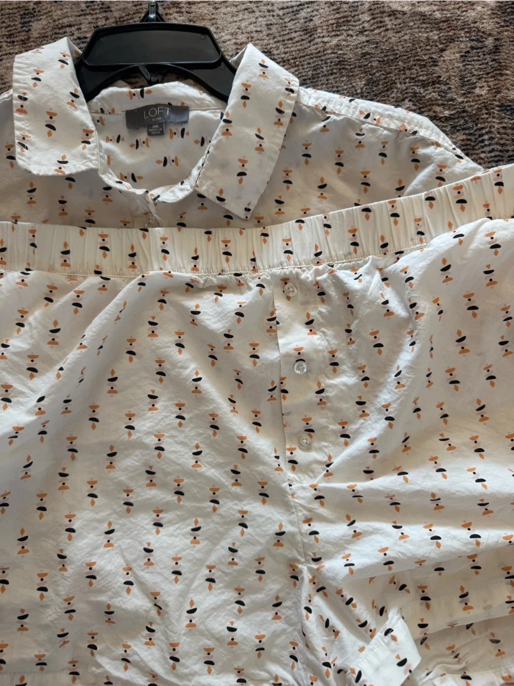 LOFT White Button-Up PJs with Black and Orange Pattern
